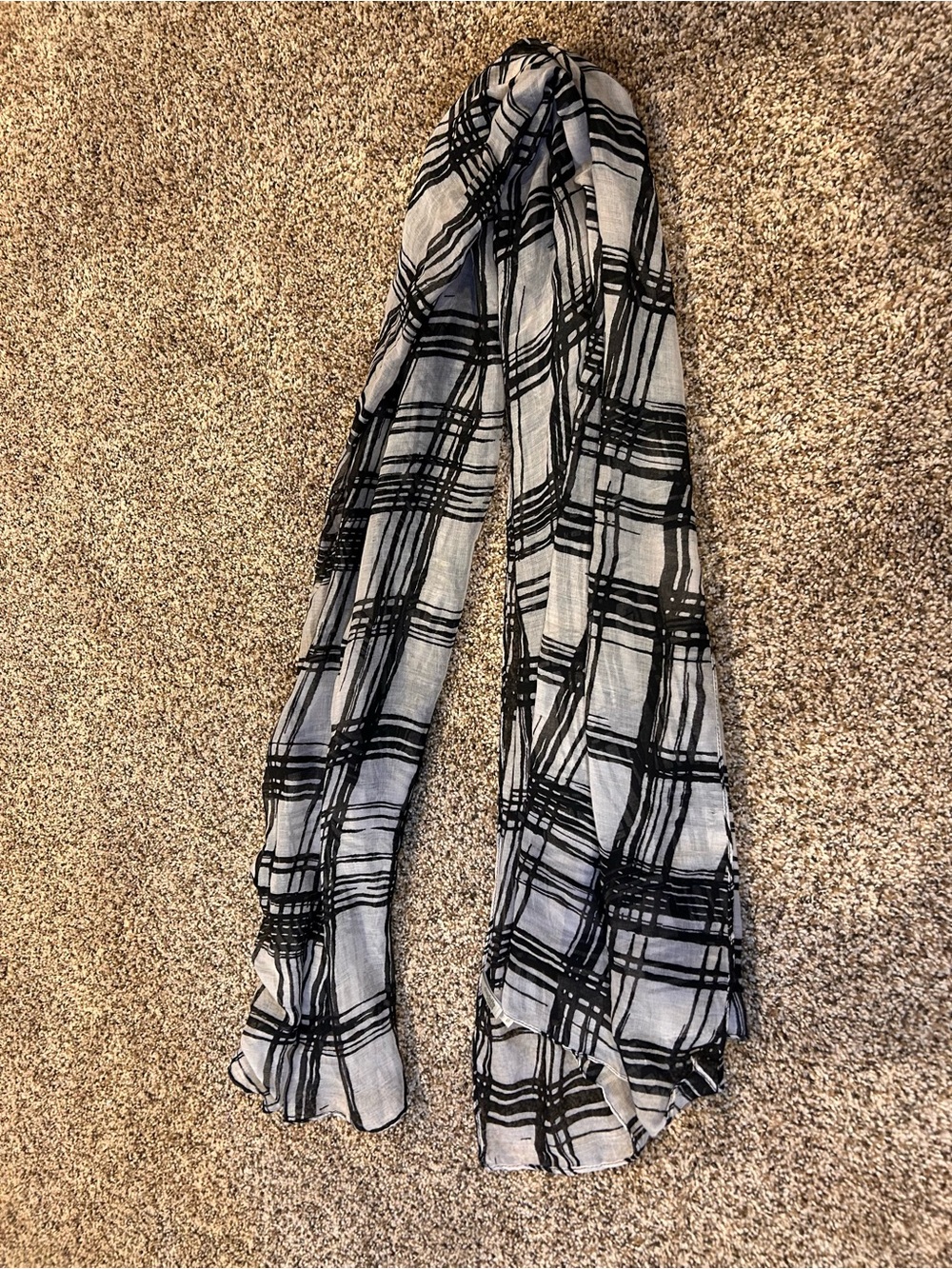 Lightweight Gray Scarf with Black Windowpane Plaid
